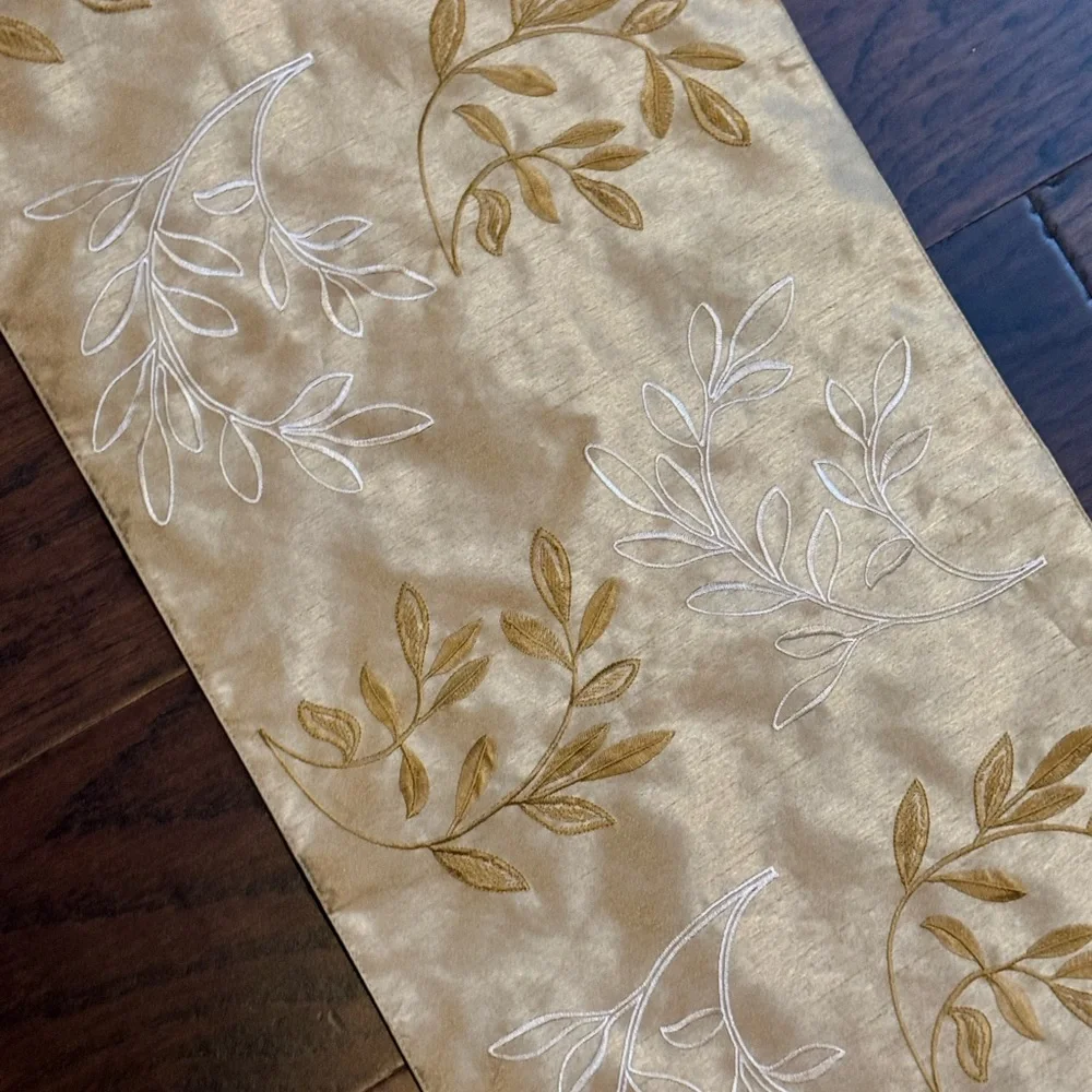Elegant Gold and White Leaf Leaves Table Runner 90” long, Fall / Thanksgiving